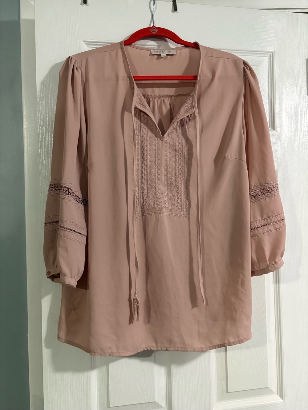 Kensie Blush Pink Peasant Blouse with Lace Insets
